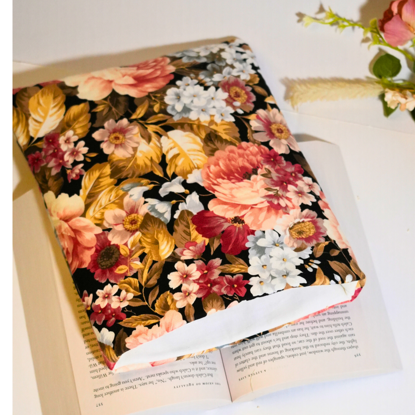 Floral Book Sleeve with Brown & Dark Floral Pattern – Handmade Protective Sleeve